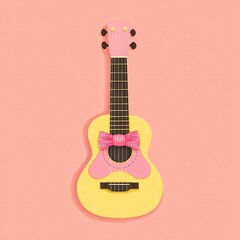 Colorful cartoon guitar with pink bow on a pastel pink background