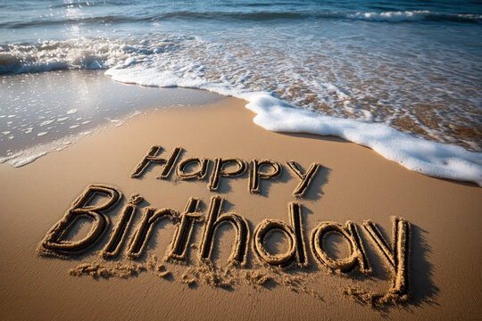 Happy Birthday carved in smooth sand on an empty beach and waves gently lapping at its edges. - Powered by Adobe