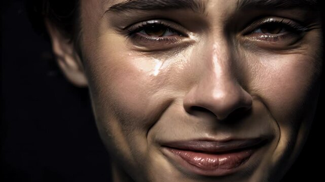 Emotional close up of face with tear drop showing deep pain and sadness in eyes, crying human expressing unresolved trauma and emotional tear close up
