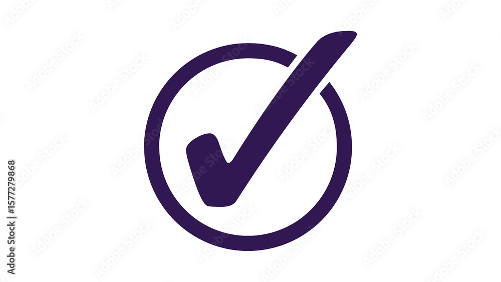 Poster dark purple check mark in matching circle on white – minimal icon design