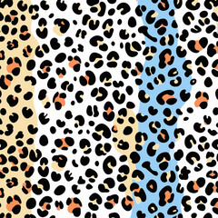 Seamless Leopard Print Pattern with Black Spots on White, Blue, and Beige Backgrounds