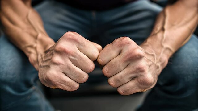 Clenched fist with visible muscle, vein tension expressing anger, emotion, and unresolved trauma in close up of hand and arm details