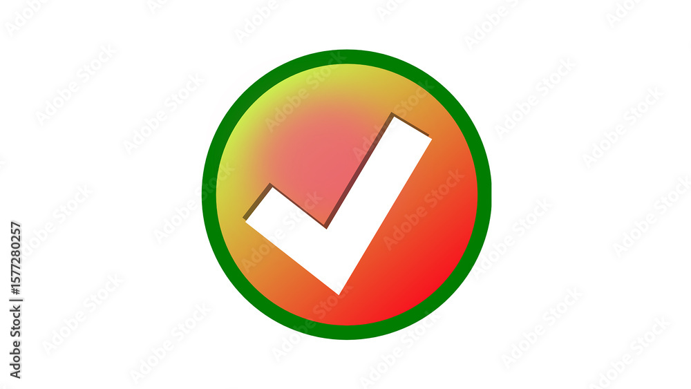 Poster 3d white check mark on red-yellow gradient with green circular border