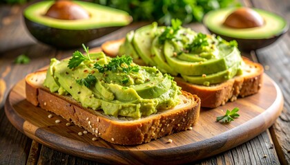 Two avocado toast slices topped with mashed avocado, herbs, and spices on a wooden board