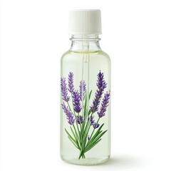 Lavender Essential Oil Bottle with Floral Design and Green Leaves