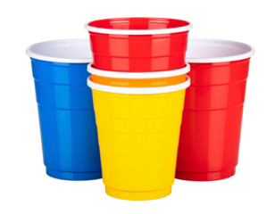 Set of Stacked Plastic Party Cups in Red, Blue, and Yellow, Diagonal Layout, Transparent Background