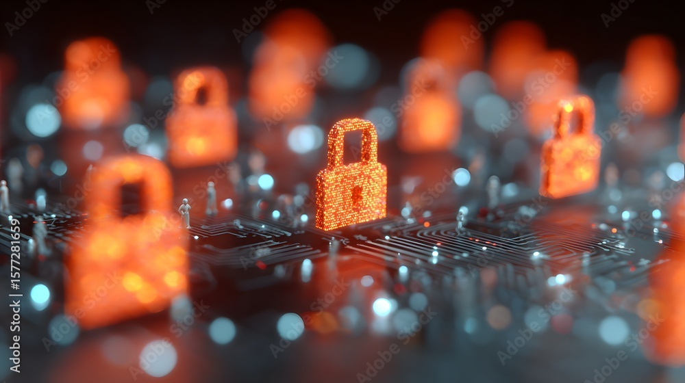 Poster illuminated locks on circuit board representing cybersecurity