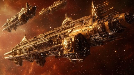 Naklejka premium Golden ships in starry space
