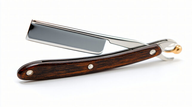 Vintage Straight Razor: A close-up shot of a classic straight razor, exuding a sense of timeless elegance with its shiny steel blade and finely crafted wooden handle.