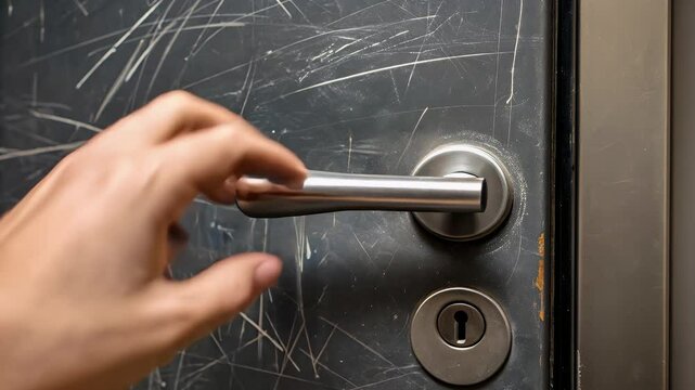 Hand gripping metal door handle on scratched black door with keyhole and grip showing wear and struggle opening new paths and unresolved trauma