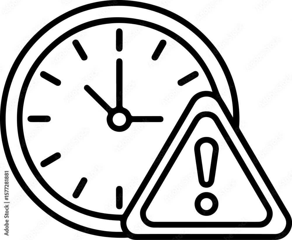 Poster clock with exclamation mark in warning triangle icon symbolizing time danger or urgency