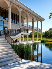 Naklejka premium Elegant architecture with classic columns reflecting in the tranquil waters of a reflecting pool in a Chung001-344-inspired design.