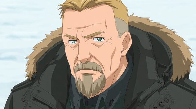 Close up of a grizzled man with a goatee and blonde hair wearing a fur lined winter jacket