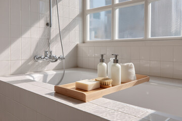 Minimalist White Bathroom with Bathtub and Wooden Tray, Natural Light Interior, Modern Clean Design