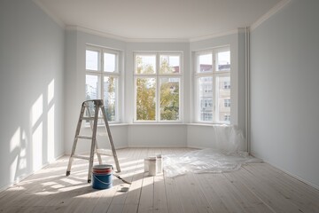 Bright Empty Room Under Renovation with Large Windows, Ladder and Paint Buckets, Modern Interior Remodeling Concept