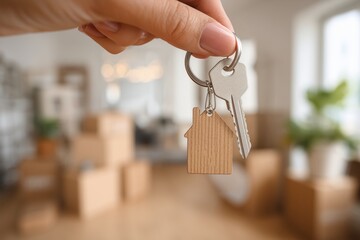 Hand Holding House Key with Wooden Home-Shaped Keychain, Real Estate Ownership Concept, Moving into New Apartment