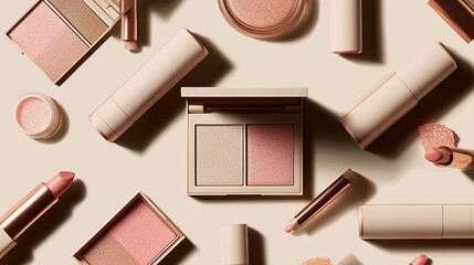 Flat Lay of Luxury Makeup Products in Nude Tones, Modern Cosmetic Set with Lipsticks, Eyeshadow, Blush, Minimalist Beauty Background