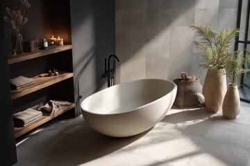 Luxury Minimalist Bathroom with Freestanding Oval Bathtub, Wooden Shelves and Natural Light, Modern Spa Interior