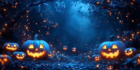 Glowing jack o'lanterns illuminate a dark, enchanting forest scene for a festive Halloween celebration in the night.