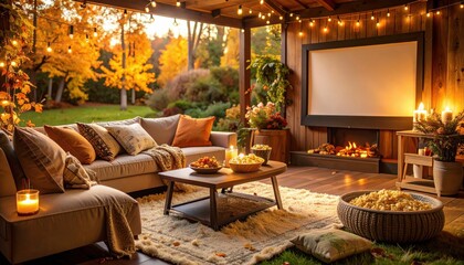 Cozy outdoor living space with fireplace, string lights, and autumn colors vibe