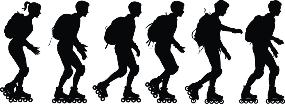 Dynamic Inline Skaters Silhouettes Collection: Active Urban Rollerblading Recreation Vector