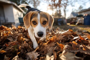A curious beagle sniffs and digs through colorful autumn leaves in a backyard as the sun sets, creating a warm, peaceful atmosphere