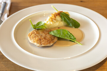 Meat patty, fresh spinach leaves, creamy mashed potatoes, and flavorful sauce on white round plate. Culinary arts, food styling