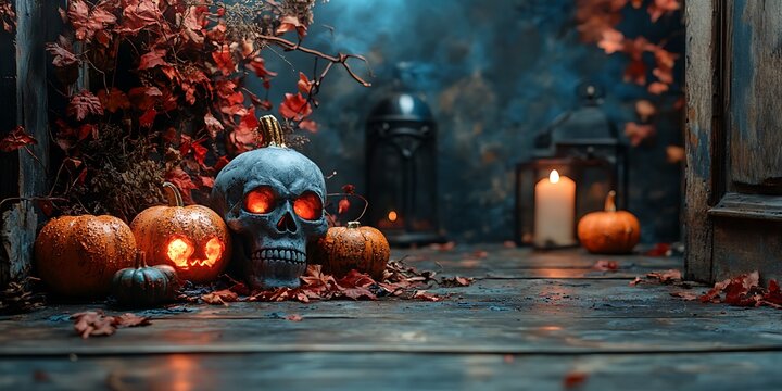Spooky Halloween still life shows pumpkins and skull glowing in the darkness, with seasonal fall colors and vintage lanterns.