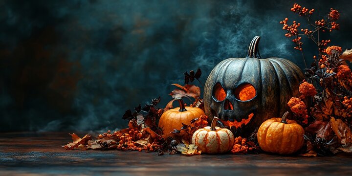 Glowing jack o lantern displays autumn Halloween spirit, evoking spooky season vibes with bokeh lights and fall foliage