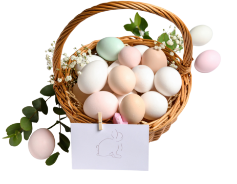  Woven Basket with Soft Pastel Easter Eggs and Bunny Sketch PNG