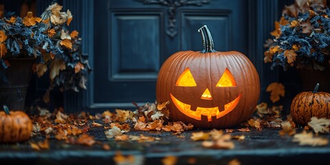 Obraz premium Glowing jack o lantern displays autumn Halloween spirit, evoking spooky season vibes with bokeh lights and fall foliage