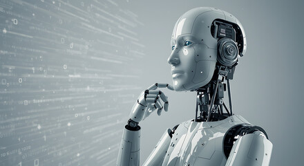 Close up of a humanoid robot in a thinking pose against a binary code stream in the background