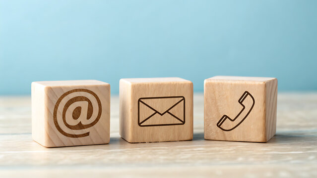 Wooden blocks display email, at symbol, and phone icons, representing various contact methods for customer service and communication