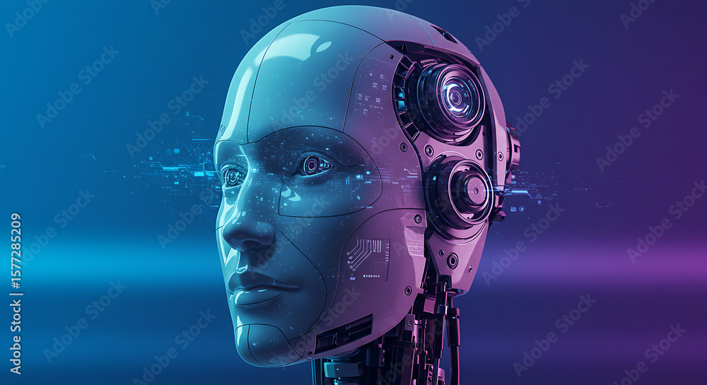 Poster close up of a futuristic robot head with visible technology against a colorful background