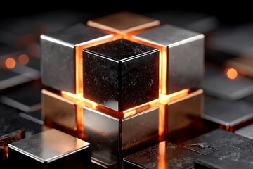 Obraz premium Metallic cubes and gold blocks with bright orange glowing light between them