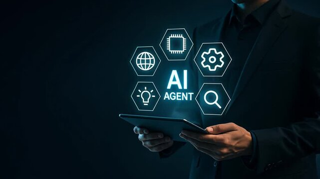 Businessman in sleek black suit holds tablet showing five glowing hexagon ai agent icons in blue neon, dark tech setting shows smart technology, ai interface