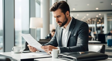 Focused Businessman Reviewing Documents in Airport Lounge