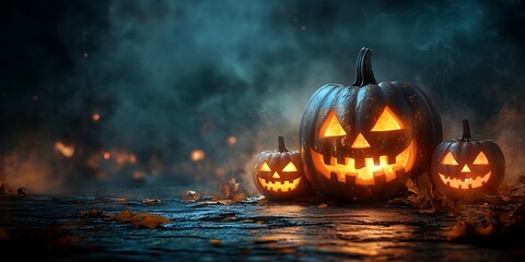 Glowing jack o lantern displays autumn Halloween spirit, evoking spooky season vibes with bokeh lights and fall foliage