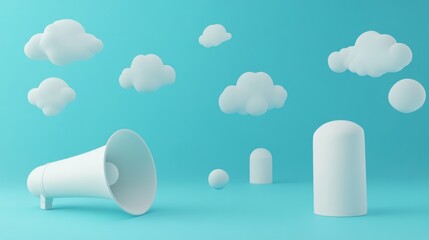 Minimalist 3D render of a megaphone with clouds.