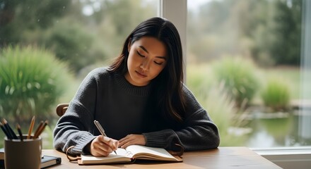 Young Woman Writing in Journal Near Window, Cozy Home Office Atmosphere