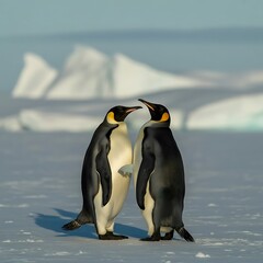 Obraz premium Two emperor penguins stand together on the antarctic ice, with icebergs in the distance, creating a serene polar scene