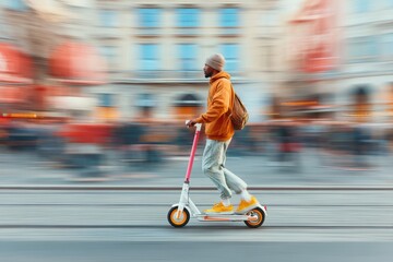 A stylish young man glides effortlessly on a vibrant scooter through bustling urban streets, capturing the essence of city life and speed Generative AI