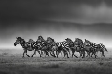 A group of zebras walks across a grassy plain under a dramatic sky, showcasing their unique black and white stripes in serene surroundings