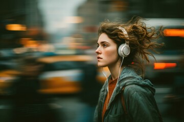 A young woman walks through a lively city, deeply immersed in her music, as cars and lights swirl around her in the evening Generative AI