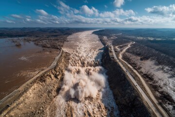 Heavy rainfall causes water to pour dramatically over the dam, creating strong currents and a massive splash in a remote area