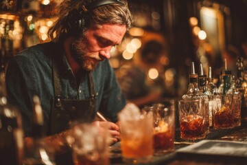 A skilled bartender mixes drinks at a stylish bar, focusing intently on the task amid a warm, inviting atmosphere during a busy night