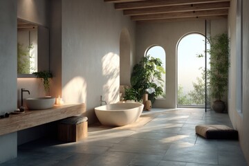Elegant bathroom interior showcasing a freestanding tub, natural greenery, and soft sunlight streaming through large windows