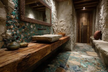 Textured walls and polished stone merge harmoniously in a calming bathroom, illuminated by soft lighting and natural materials