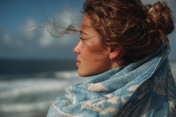 A young woman stands by the ocean, her hair tousled by the wind, wrapped in a soft blanket, gazing at the sea beneath a bright sky
