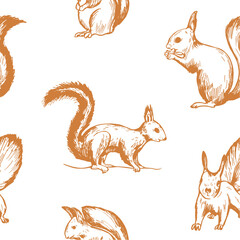 Hand-drawn squirrel. Vector seamless pattern.